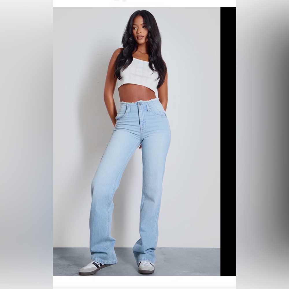 PrettyLittleThing Y2K Tall Straight Leg Light Blue Jeans | Frayed Hem | Size 4